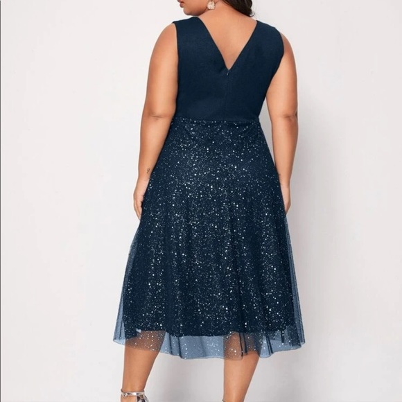 Boho v neck glitter mesh midi dress navy blue - Picture 3 of 9